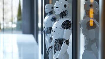 Robots in a modern architectural space, embodying technological advancement and futuristic design, with a sleek and clean aesthetic. photo