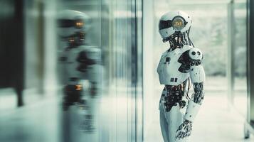 Pensive robot in a reflective corridor, contemplating the future with exposed mechanics and a modern aesthetic. Machine learning evolution. photo
