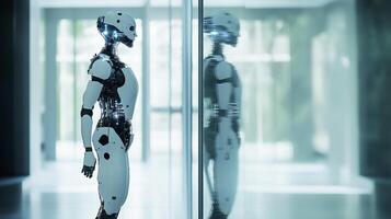 A futuristic humanoid robot stands facing a glass wall, reflecting its form in a bright, sterile environment. Modern technology and design. photo
