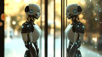 A sleek, futuristic robot looks thoughtfully into its reflection in a glass pane, contemplating its existence in a modern world. photo
