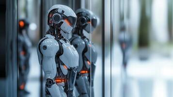 Futuristic humanoid robot stares ahead with glossy reflective surface behind, artificial intelligence concept, advanced android, and scifi theme. photo