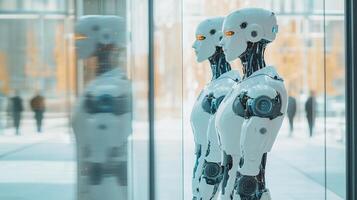 Sleek, white humanoid robots stand with orange eyes, reflecting the outside world, creating an intriguing display of technology. photo