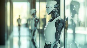 Futuristic humanoid robot stands in a modern corridor with other similar figures, symbolizing AI advancement and technological integration. photo