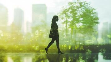 Silhouette of a woman walking through a double exposure of a cityscape and nature, symbolizing a connection between urban and natural worlds. photo