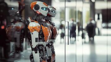 Futuristic robots stand guard behind glass, blending cutting-edge technology with sleek design for a glimpse into the future. photo