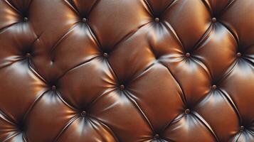 Detailed texture of a brown, button-tufted, leather upholstery with a diamond pattern of stitching, showcasing luxury and classic design. photo