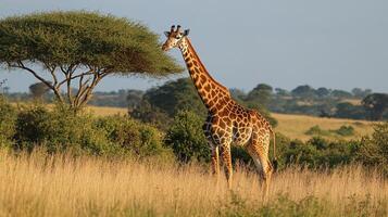 Giraffe gracefully wanders through the golden savannah, a picture of wildlife in its natural habitat under a vast, open sky. photo
