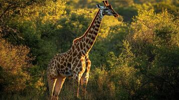 Giraffe standing tall in a lush, sun-drenched African savanna. The golden light accentuates its patterned coat and serene demeanor. photo