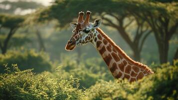 Giraffe in the African savanna. A gentle giant, a symbol of the African wilderness, roaming free in its natural habitat. photo