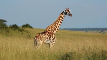 Giraffe standing tall in a grassy plain under a clear sky. Majestic creature, with brown and white spots, blends with the African savanna. photo