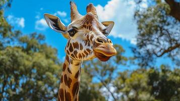 Close-up portrait of a giraffe against a backdrop of leafy trees and a blue sky with scattered clouds. The giraffe's pattern is quite visible. photo