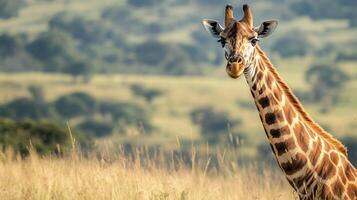 A majestic giraffe stands tall amidst the vast, golden savanna, its distinctive pattern blending seamlessly with the natural landscape. photo