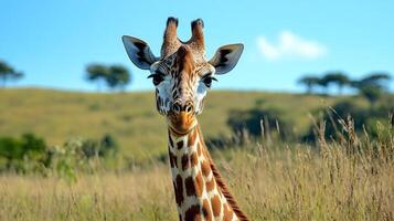 Giraffe gazing intently towards the camera with a soft, natural backdrop. A portrait of a giraffe in its native environment. photo