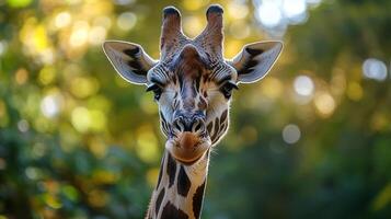 Portrait of a giraffe looking directly at the camera with soft lighting and greenery in the background. Natural beauty in display. photo