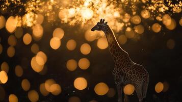 A giraffe stands regally, silhouetted against a backdrop of golden bokeh lights, creating a magical and dreamlike African scene. photo