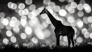 Serene giraffe silhouette in a dreamy, bokeh-lit landscape. Majestic and calm, a symbol of grace against a soft backdrop. photo