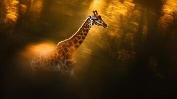 Giraffe silhouette against a golden bokeh backdrop. This creature is caught in a spotlight that highlights its unique pattern. photo