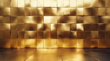 Abstract golden wall texture with a shiny surface, resembling a modular design with a floor reflecting the golden hue. photo