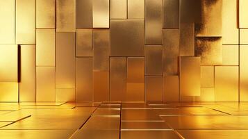 Golden geometrical panels of different sizes create a wall and floor background, with some light reflections and shadows, in a modern style. photo
