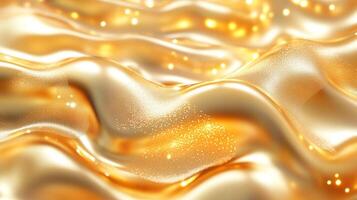 Golden shimmering surface. A dynamic wavy abstract with smooth curves and sparkling dust creates a luxurious and inviting visual texture. photo