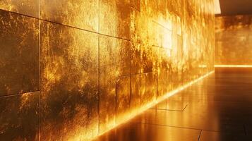 Gleaming interior featuring golden tiled walls and reflective floors. A minimalist design with a warm, luxurious atmosphere. Perspective view. photo