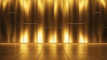 Abstract golden architecture. An empty room is illuminated with reflections on the wall and floor, creating a sense of grand space. photo