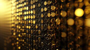 Golden texture wall with a grid pattern creating a luxurious and visually appealing surface with shiny circular elements. Abstract. photo