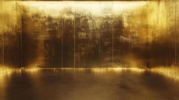 Opulent golden room. Gold leaf walls and floor create a shimmering and reflective space, evoking luxury and modern artistic design. photo