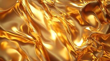 Luminous, flowing golden fabric reflects light creating rich, flowing waves. The material evokes opulence with its luxurious sheen. photo