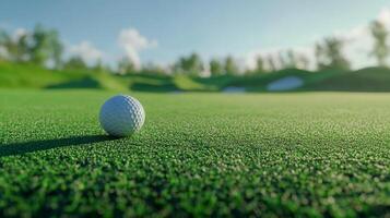 A pristine golf ball rests on the lush green of the course, a perfect day for a round. Clear skies promise a good game. photo