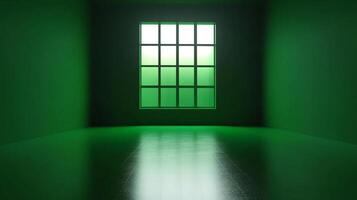 A room bathed in green light from a multi-paned window, reflecting on the floor. Serene and somewhat surreal interior space. photo