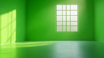 Bright green room filled with sunshine streaming through a gridded window, casting long shadows on the walls and floor. photo
