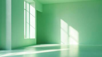 Sunlit minimalist room with green walls, a large window casting shadows, and a smooth floor reflecting natural light. photo