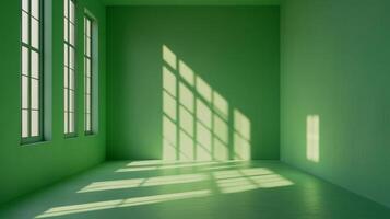 A green-painted room is illuminated by natural light streaming through multiple windows, creating patterns of light and shadow on the floor and walls. photo