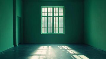 An empty room, bathed in a monochromatic green hue, where sunlight streams through a paneled window, creating an ethereal, tranquil atmosphere. photo