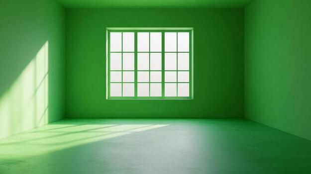 A bright green room features a large window that lets in a large amount of light, which creates some beautiful light patterns on the floor. photo