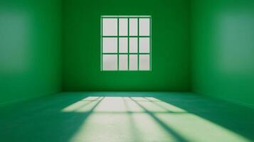 Empty green room illuminated by sunlight filtering through a window, creating sharp shadows on the floor. Minimalistic and monochromatic. photo
