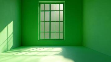 A minimalist, bright green room featuring a large window, casting geometric shadows. The room is simple, highlighting light and color. photo