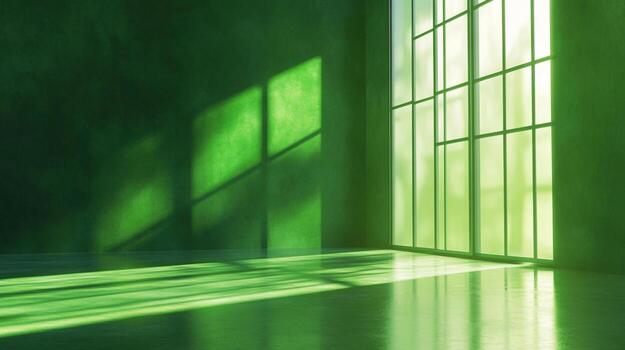 Minimalist green room with sunlight streaming through window creating shadows. Ideal for calming spaces or abstract concepts. photo