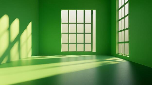 Sunlight streams into a verdant room through large windows, casting shadows on the floor and walls, creating an inviting atmosphere. photo