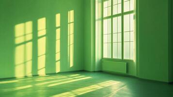 Sunlight streams into a green room, creating patterns of light and shadow, illuminating a minimalist interior with simple architectural lines. photo
