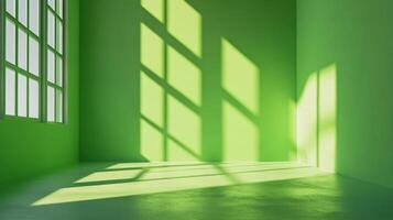 A vibrant green room is filled with light, creating a serene atmosphere through patterned shadows across the wall and floor. photo