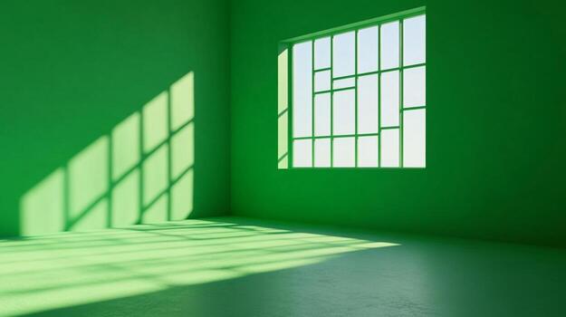An empty green room with light shining through a gridded window, casting shadows on the walls and floor, creating a serene atmosphere. photo