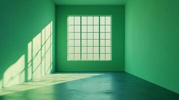 Minimalist green room featuring a grid window and sunlight casting shadows, creating a peaceful and spacious indoor scene. photo