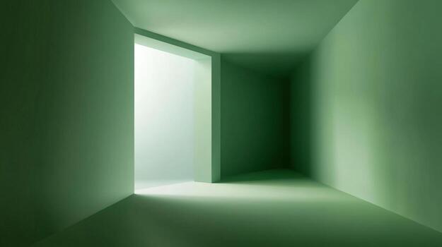 Abstract architecture featuring a minimalistic green hallway with a bright doorway, creating a sense of depth and serene atmosphere. photo