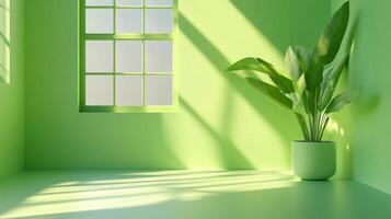 Minimalist green room bathed in sunlight with a potted plant near a window. The shadows create a peaceful and calming atmosphere. photo
