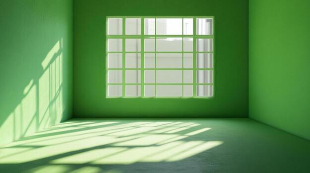 An empty green room bathed in sunlight streaming through a window, creating shadows on the floor and walls. Minimalist and serene setting. photo