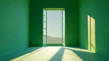 A green room with an open window reveals a mountain view, bathed in sunlight, creating a peaceful and inviting atmosphere. Serene indoor space. photo
