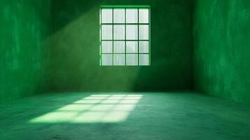 Green room with sunlight beaming through a window, casting a grid pattern across the floor. Minimalist aesthetic in a simple setting. photo
