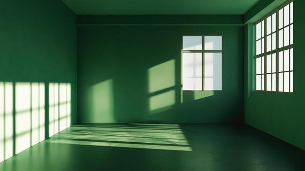 A green-toned room is illuminated by sunlight streaming through windows, creating a play of light and shadow in the serene space. photo